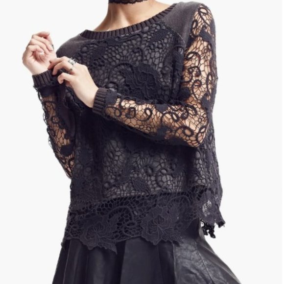 Free People Sweaters - Free People Pretty Rad Lace Split Back Sweater Sz S Gray Crochet